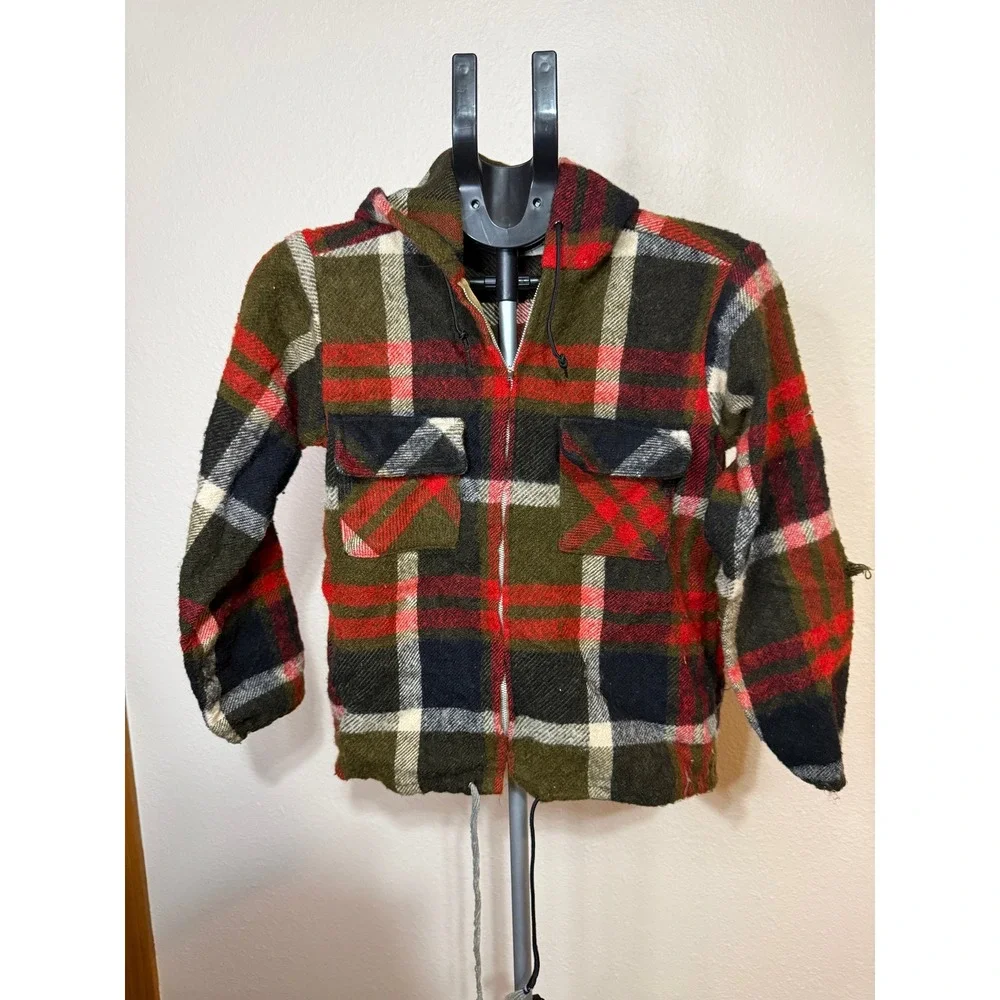 Vintage Southampton Sportswear Plaid Hooded Jacket Green Red Wool Blend Size 14